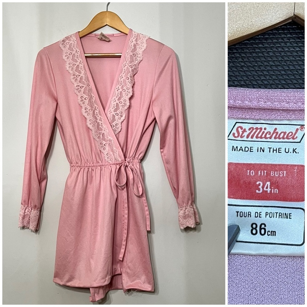 St. Michael Dressing Gown Wrap Robe‎ Lace Pink 34 Made in UK hemmed Vintage